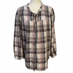 LOFT Plaid Button Up with Ruffle Detail Collar